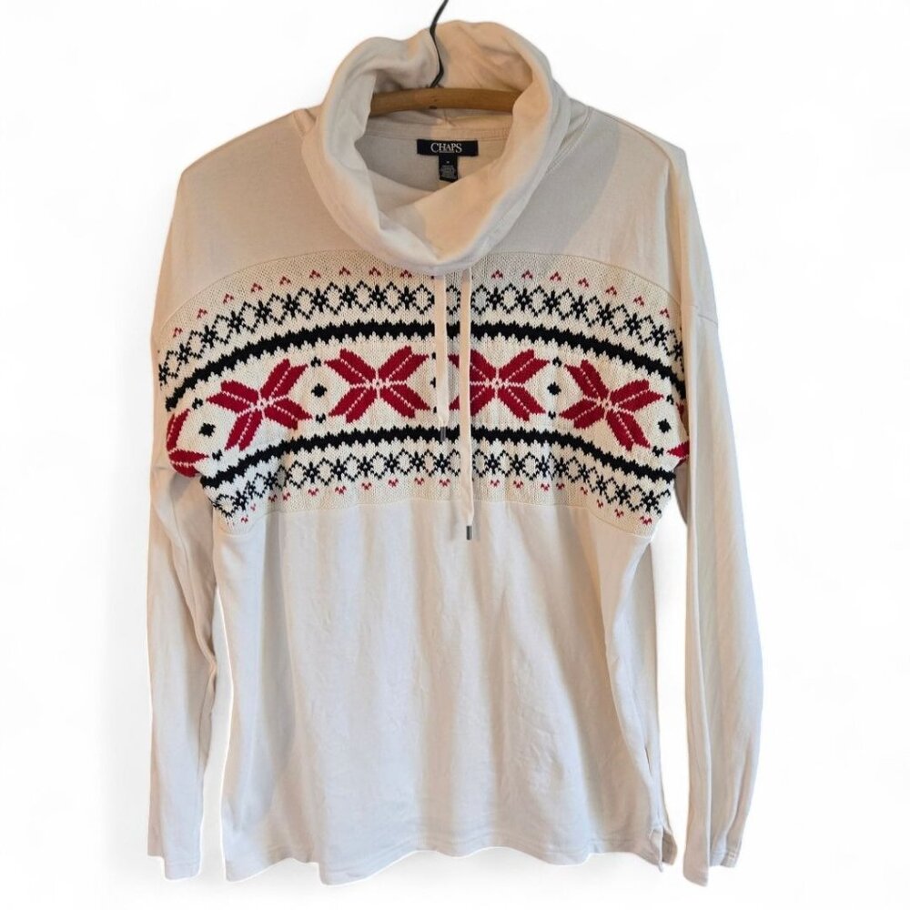Chaps Womens Medium Cowl Neck Knit Sweater With Fair Isle Nordic Pattern